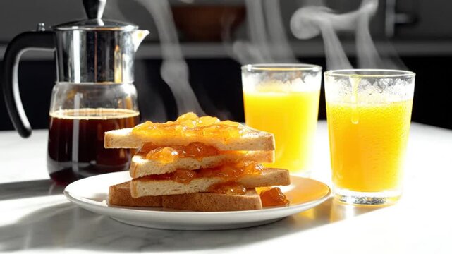 Morning breakfast scene with toast covered in jam, fresh orange juice, and hot coffee in a kitchen setting