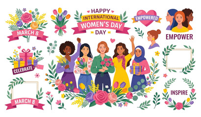 Fototapeta premium Women's Day Diverse Female Characters with Floral Elements Vector Set