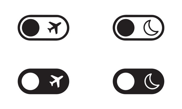 Set of four simple toggle switches featuring airplane icon for flight mode and crescent moon icon for night mode settings.