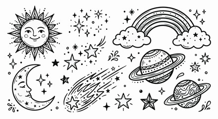 Whimsical celestial elements in black and white, featuring a smiling sun, sleeping crescent moon, shooting star, and planets with rings, surrounded by twinkling stars and a © FlatOnly
