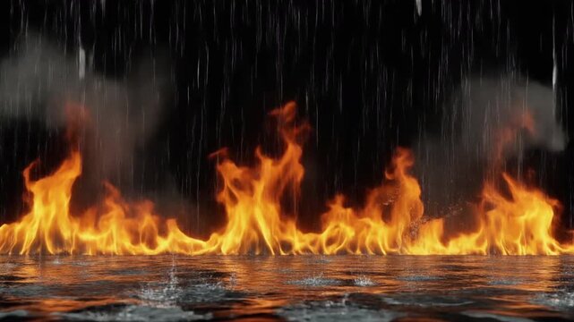 Cinematic Fire Flames Burning on Water Surface with Heavy Rain Animation