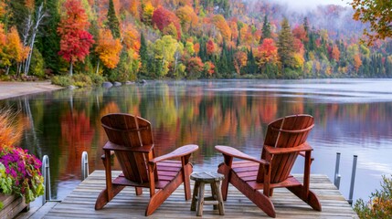 Fototapeta premium Inviting Wood Seating on Waterfront with Autumn Colors Surrounding Calm Lake View