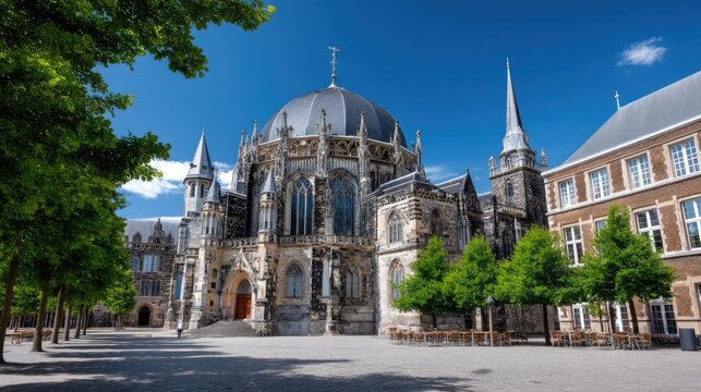 Stunning medieval architecture of Aachen Cathedral surrounded by green trees and blue sky in a vibrant historic square