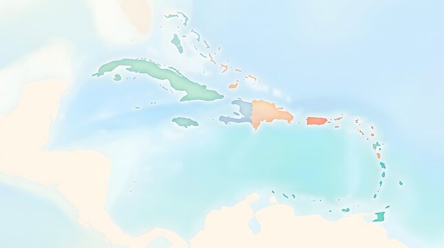 Clean light blue Caribbean islands map with colorful land areas and soft ocean tones, designed for travel guides, geography education, tourism, and regional presentations.