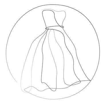 Continuous line art of a beautiful wedding dress in a circle frame.
