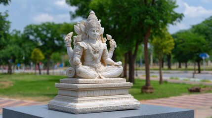 Fototapeta premium Elegant Stone Statue of Hindu Deity Amidst Lush Green Landscape in Bright Daylight