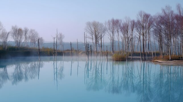 Tranquil Blue Waters Reflecting Barren Trees in Early Morning Mist over a Serene Landscape