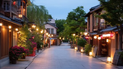 Naklejka premium Serene Evening Street Scene in Traditional Japanese Town with Soft Lighting and Vibrant Greenery