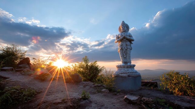 Serene Landscape with Guardian Statue at Sunset Amidst Clouds and Nature's Beauty in Scenic Viewpoint