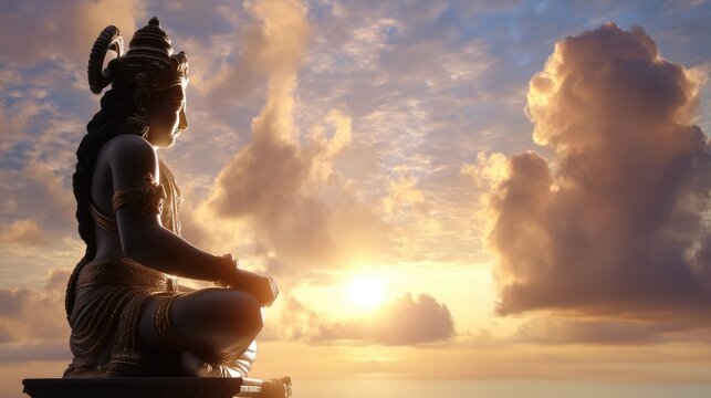 Serene statue of a deity sitting peacefully against a vibrant sunrise and dramatic clouds in the sky