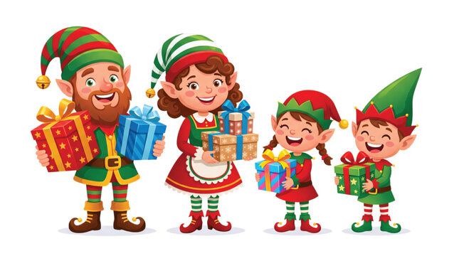 Four cheerful Christmas elves holding gifts in colorful outfits indoors