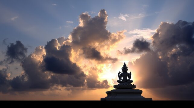 Serene Buddha Silhouette Against Dramatic Skies at Sunrise with Vibrant Cloud Patterns