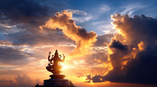 Serene Sunset Behind Majestic Statue Surrounded by Dramatic Clouds and Vibrant Sky Scenery