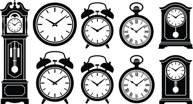 Collection of vintage clock and watch silhouettes featuring various classic timepieces on white background