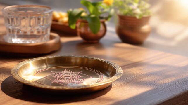 Elegant Brass Plate with Intricate Design on Wooden Table Surrounded by Glass and Greenery in Warm Light