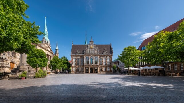 Historic Town Square Featuring Architectural Wonders and Lush Greenery Under Clear Blue Sky