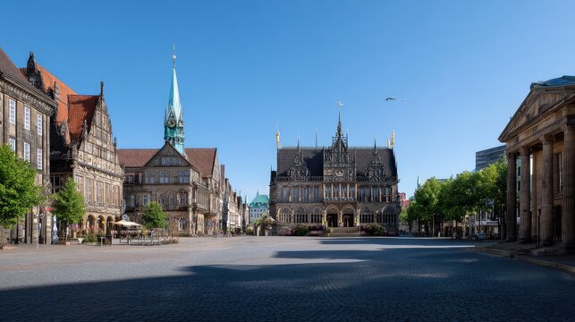 Scenic View of Historic Town Square Featuring Old Architecture and Clear Blue Sky