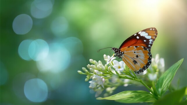 Captivating Butterfly on Delicate White Flower Against Soft Green Bokeh Background in Nature's Tranquility and Beauty