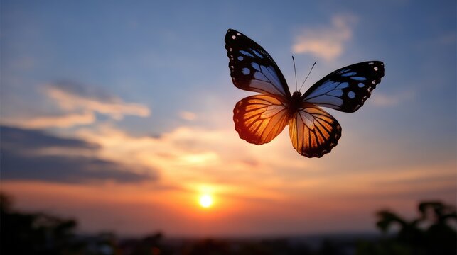 Beautiful Butterfly Silhouette Against Colorful Sunset Sky with Soft Clouds and Warm Light in Nature