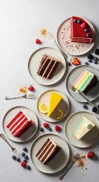 A top view of various colorful cake slices on ceramic plates arranged on a neutral surface with forks, fresh berries, and sweet crumbs, table, food, delicious