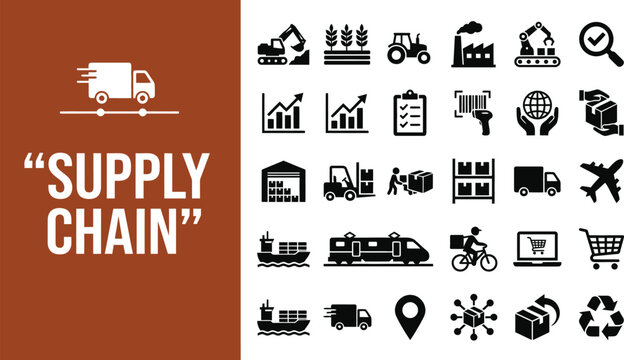 Supply chain icons illustrate industrial logistics and trade systems.