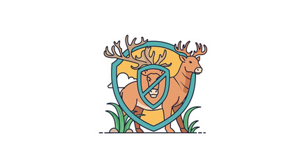 Deer stands proudly behind a protective shield symbol representing wildlife conservation and nature. © NGLARANGAN