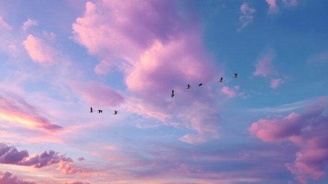 Serene Sunset Sky with Soft Pink and Purple Clouds and Silhouetted Birds in Flight Over a Tranquil Horizon