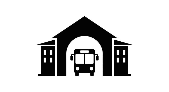 Vector illustration of bus station icon, vector illustration of a bus arriving at a terminal building on a transparent background