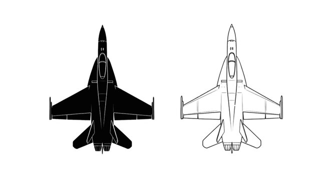 Vector illustration of top view silhouette and outline of a modern fighter jet aircraft on a transparent background