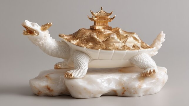 Elegant decorative turtle sculpture featuring a golden pagoda atop a textured shell, symbolizing longevity and prosperity