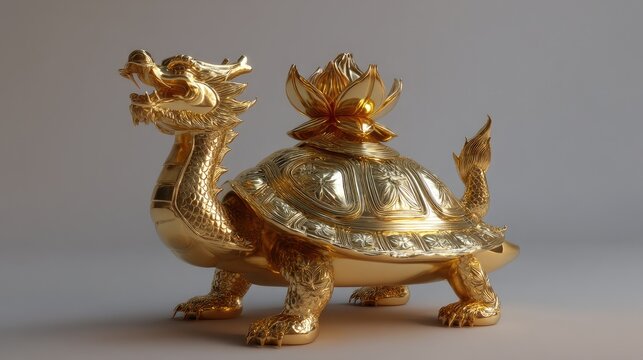 Golden turtle figurine with dragon head and lotus flower symbolizing prosperity and good fortune in traditional Asian culture