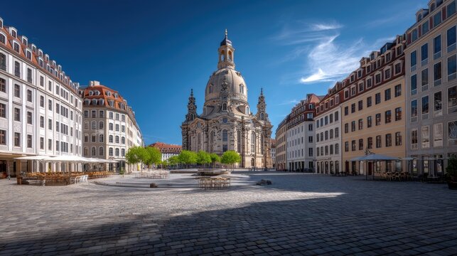 Majestic Architectural Landmark Surrounded by Quaint Buildings and Blue Sky in Vibrant Town Square