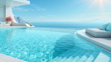 Obraz premium Elegant Infinity Pool Seamlessly Blending with Serene Ocean View Under Bright Sky and Soft Sunlight