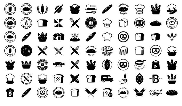 bread, bakery, logo, loaf, baguette, artisan, sourdough, wheat, toast, pretzel, bun, roll, baker, crust, food, breakfast, sandwich, organic, cafe, emblem, flat, vector, icon, collection, isolated, whi