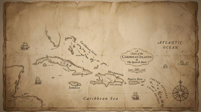 Hand-drawn antique map of Caribbean islands with artistic lines and aged paper background.