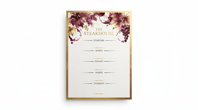 Elegant Restaurant Menu Design with Burgundy Grapes and Gold Accents - Perfect for Fine Dining Establishments