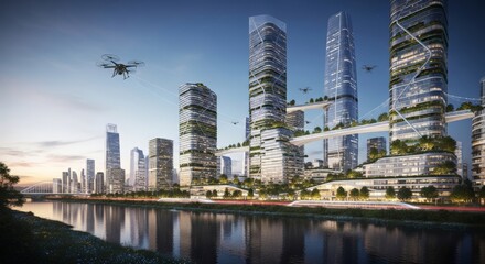 Naklejka premium Futuristic Cityscape with Drones and Modern Architecture by the Water