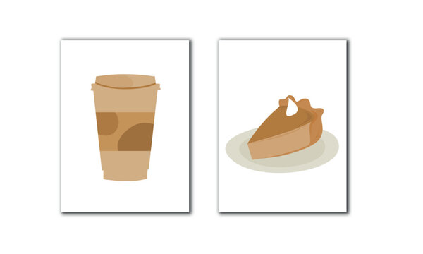Set of two coffee and cake wall art vector. Cafe wall print. Restaurant wall decoration.