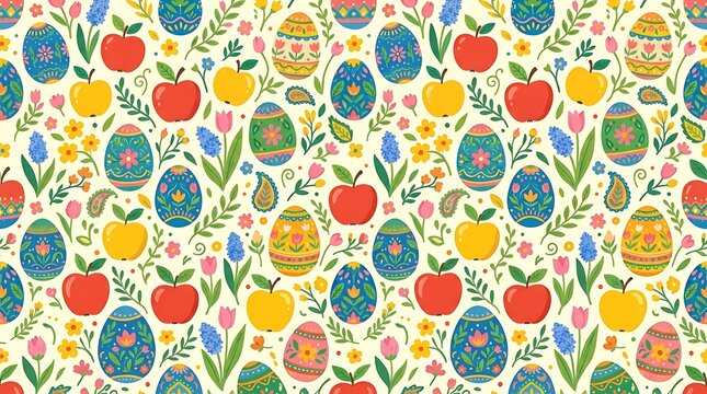 Colorful easter seamless pattern with decorated eggs apples and flowers
