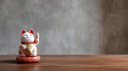 Fototapeta premium Lucky cat figurine on wooden table with grey background, symbolizing good fortune and prosperity in Asian culture