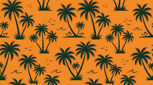 Seamless tropical palm tree silhouette pattern on orange background