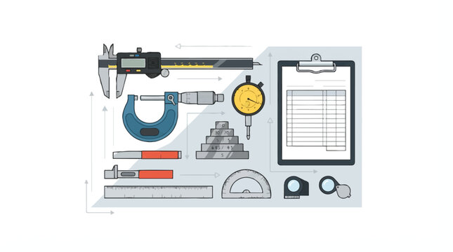 Tools Used for Precision Measurement and Inspection in Industrial Settings Featuring Caliper, Micrometer, Gauge with Ruler