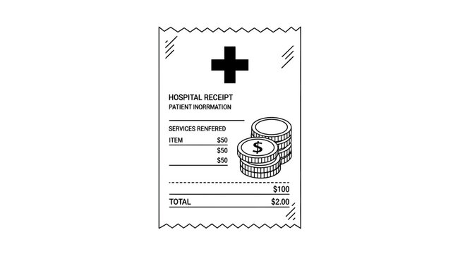 Medical receipt illustration with coins and cross symbol for healthcare