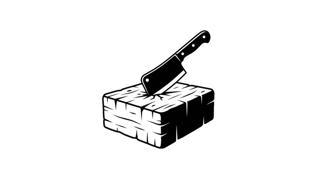 Butcher Cleaver Knife Stuck in Wooden Chopping Block Vector Illustration