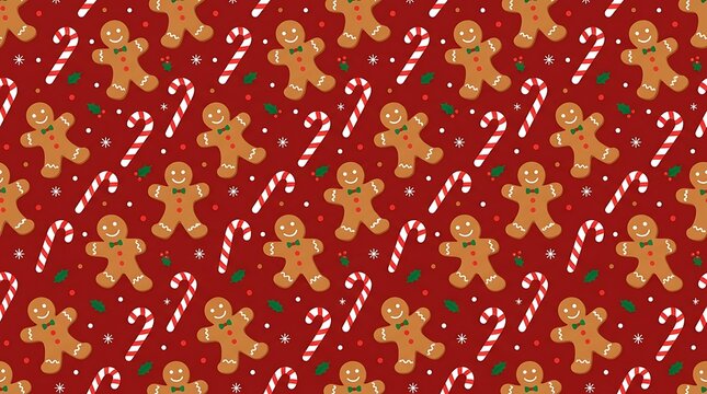 Festive christmas pattern with gingerbread man and candy cane on red