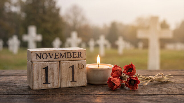 Remembrance day concept with wooden calendar showing november 11th, a lit candle, and red poppy flowers against a blurred military cemetery