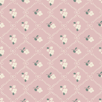 Cute floral seamless pattern background with tiny white flowers in trellis diamond lattice, ribbon bows on dusty pink backdrop. Vintage shabby chic wallpaper, coquette fabric wrapping paper.