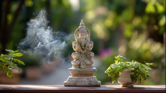 Serene Ganesh Statue Surrounded by Nature with Soft Smoke and Lush Greenery in Tranquil Outdoor Setting