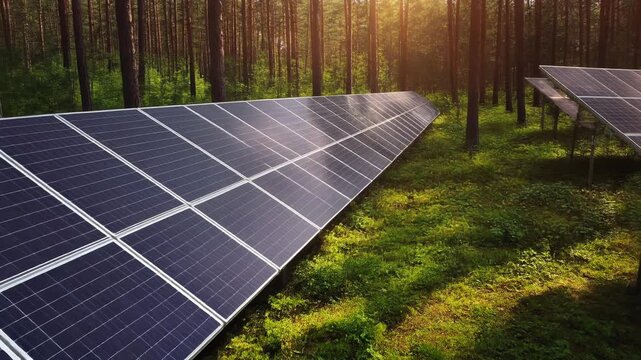 Forest Solar Panel Array at Sunset 4K Generative AI