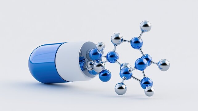 Blue white medicinal capsule overflowing metal molecular structure model white background 3D render, drug molecular pharmacology pharmaceutical research, biomedical medical science PPT design material